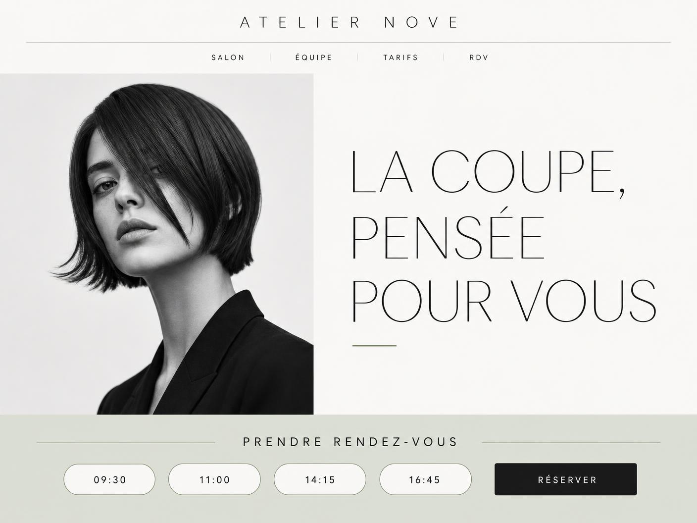 Atelier Nove hair studio website: minimal light homepage with an editorial portrait and appointment time slots