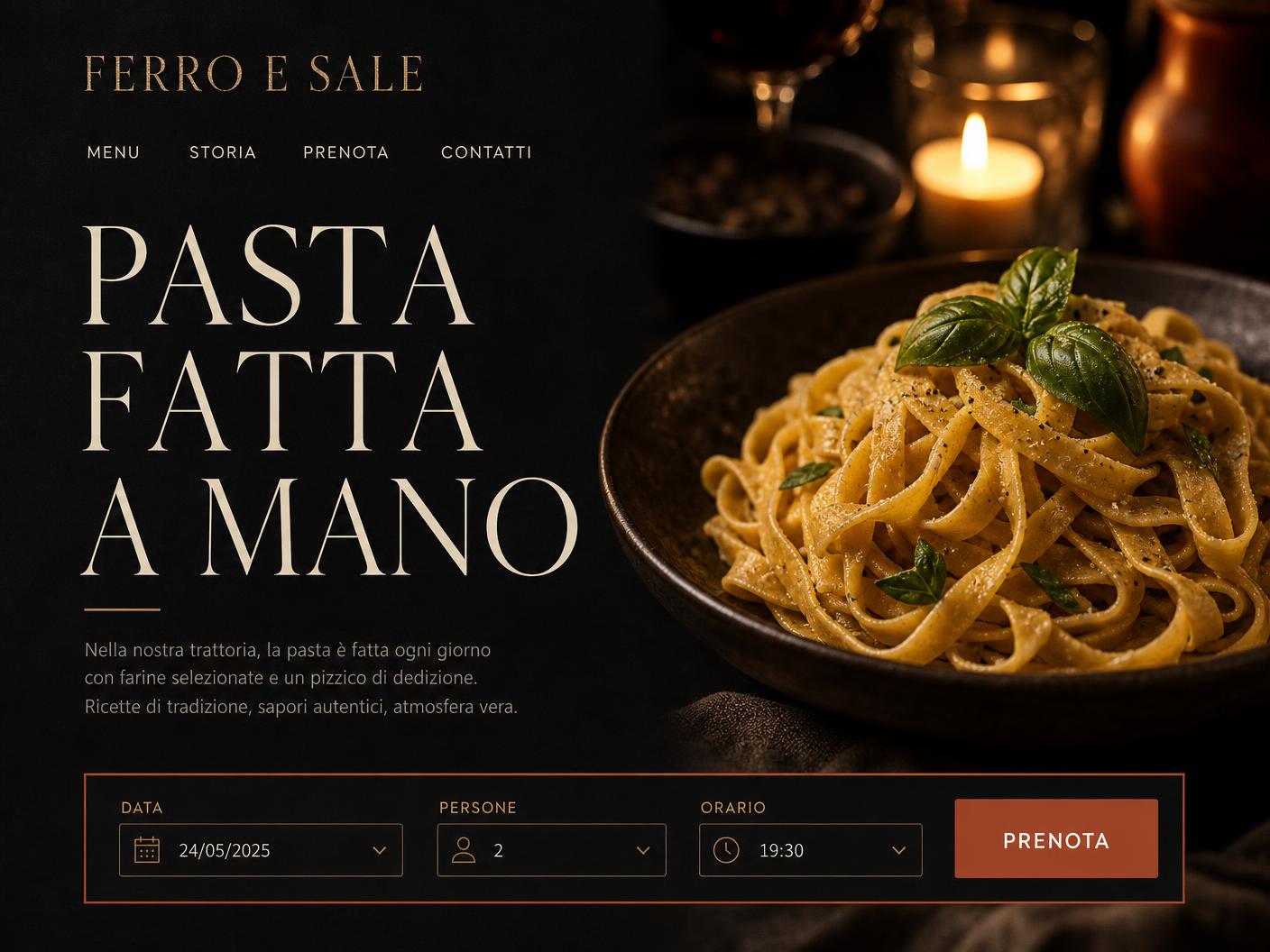Ferro e Sale trattoria website: dark editorial homepage with a handmade pasta photo and a table booking bar