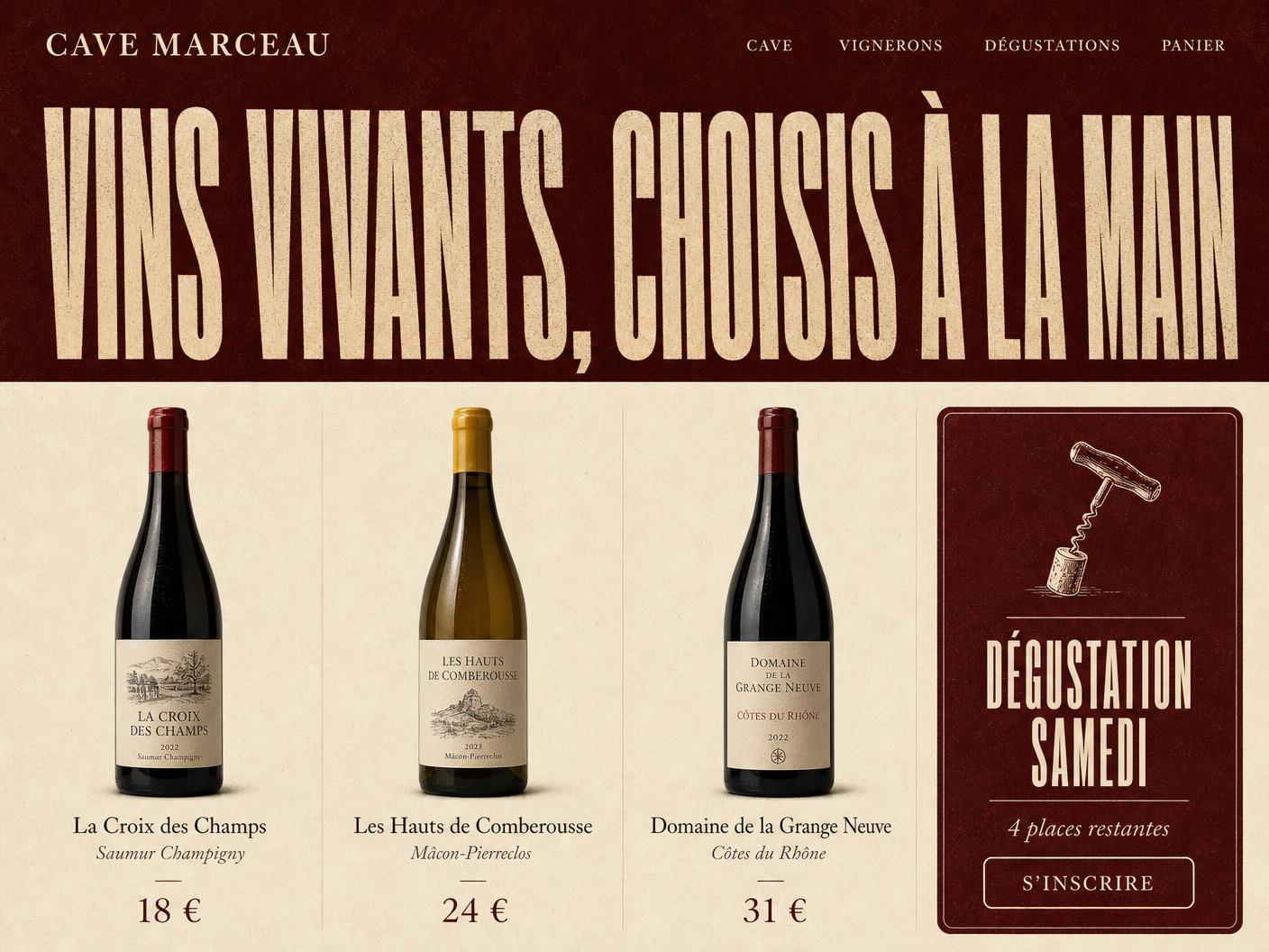 Cave Marceau wine shop website: bordeaux typographic homepage with a bottle grid and a tasting sign-up card